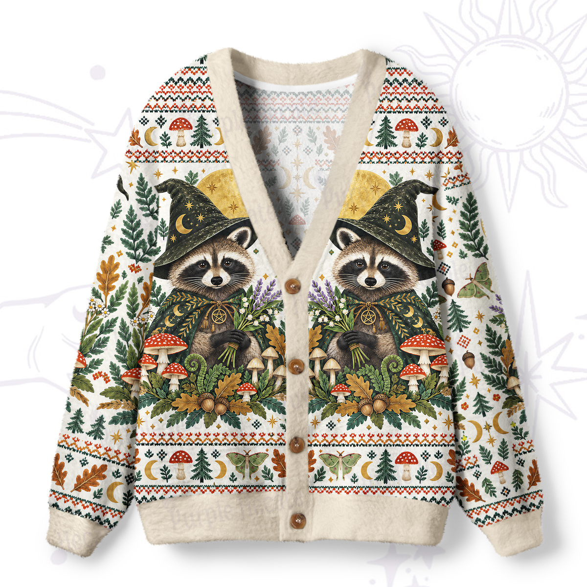 Purplehecate Forest Wizard Raccoon Ugly Cardigan Sweaters