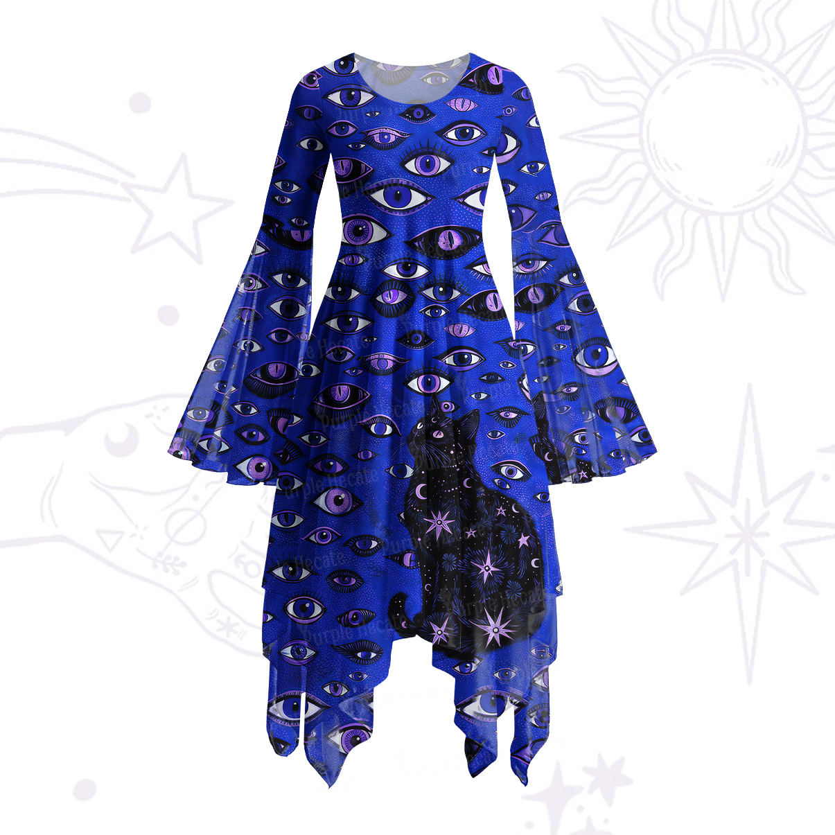 Purplehecate Cosmic Watcher Cat Bell Sleeve Dress