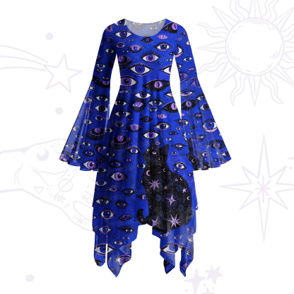 Purplehecate Cosmic Watcher Cat Bell Sleeve Dress