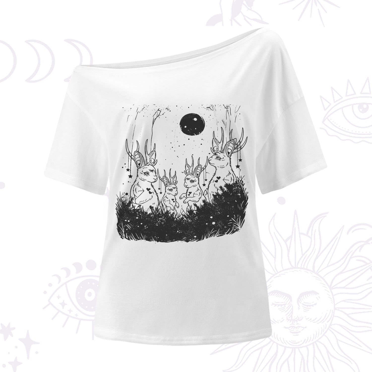 Purplehecate Moonlit Antler Bunny One Shoulder T-Shirt