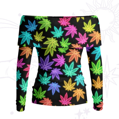 Purplehecate Trippy Weed Off Shoulder Long Sleeve Knit Top