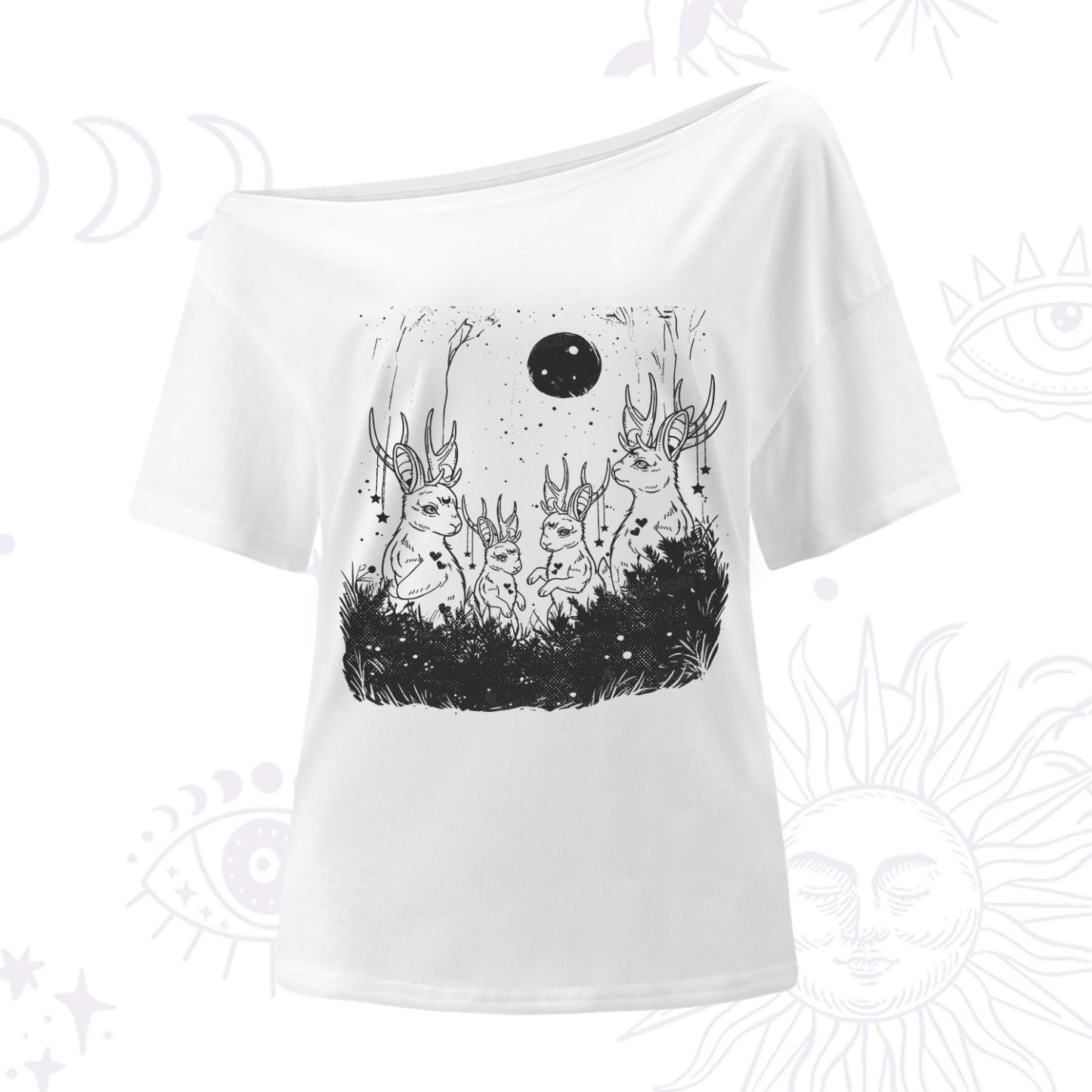 Purplehecate Moonlit Antler Bunny One Shoulder T-Shirt