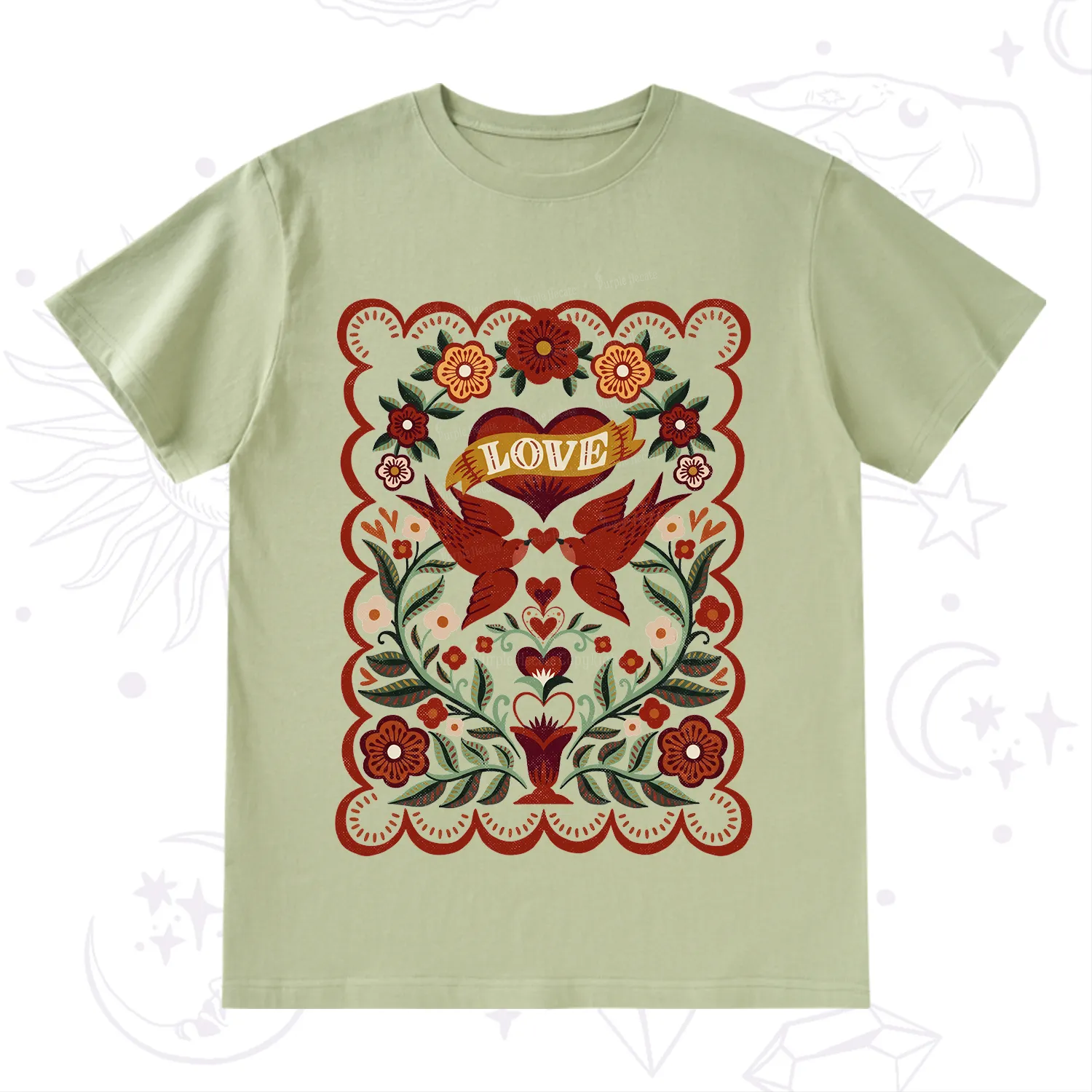 Purplehecate Folk Love Birds Floral T-Shirt