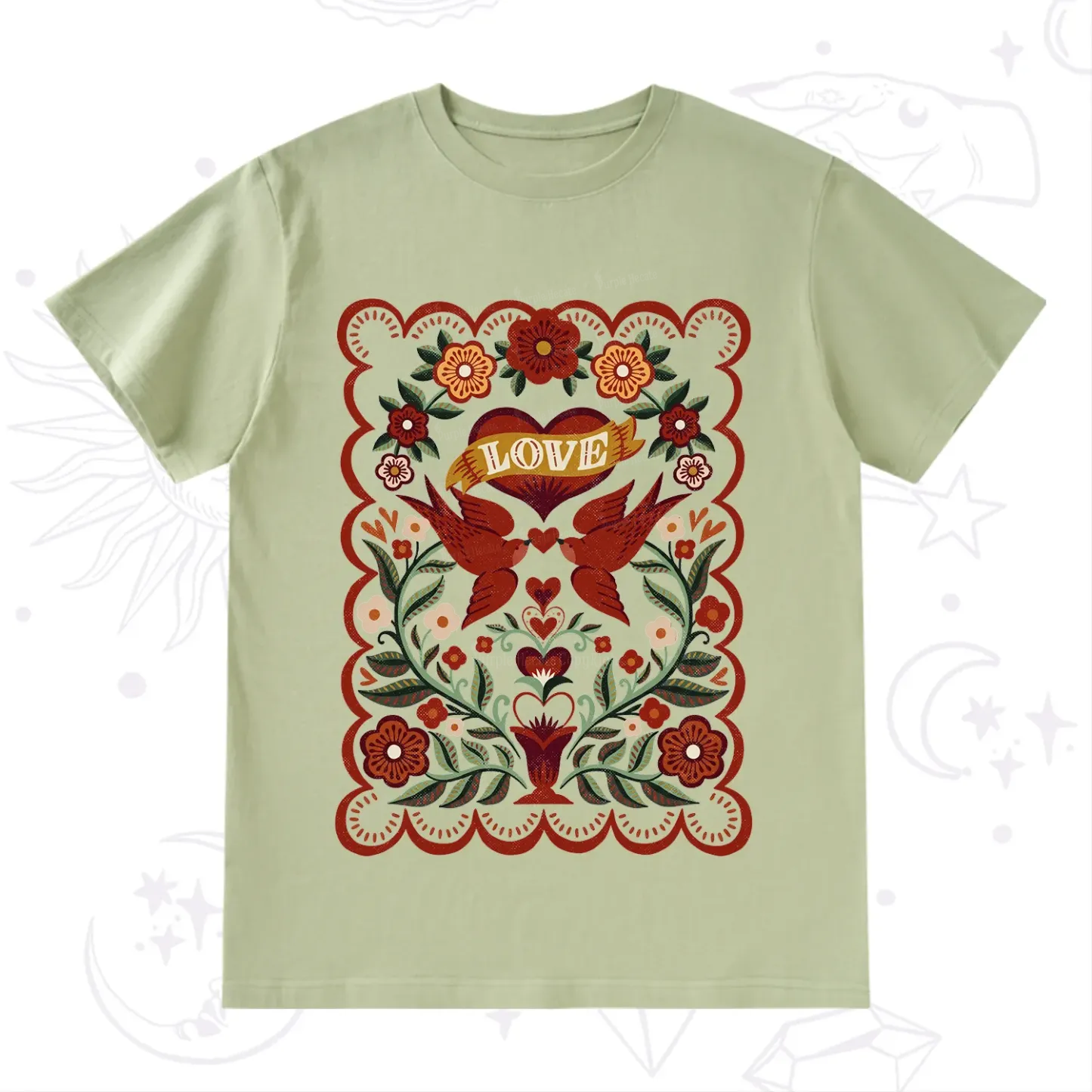 Purplehecate Folk Love Birds Floral T-Shirt