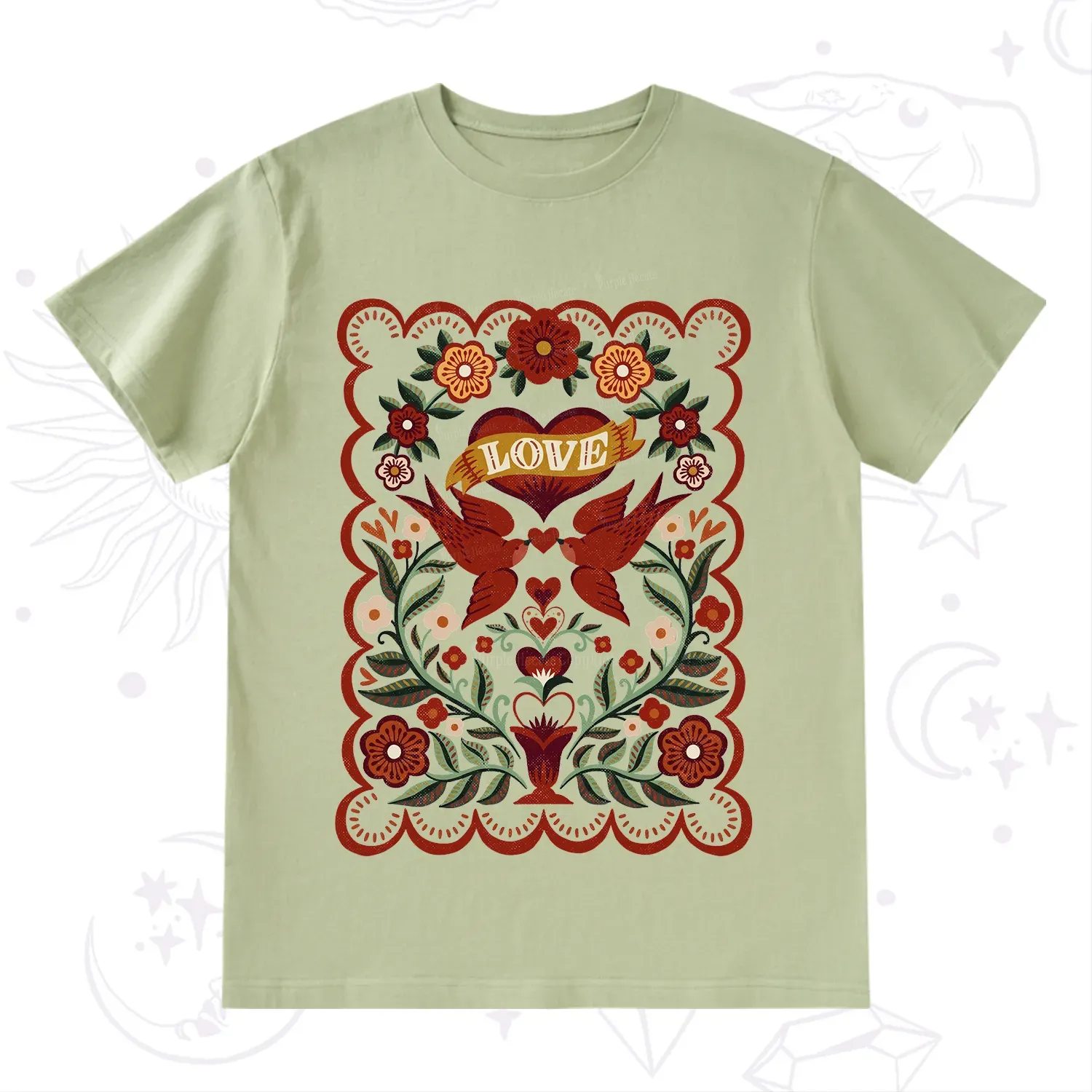 Purplehecate Folk Love Birds Floral T-Shirt
