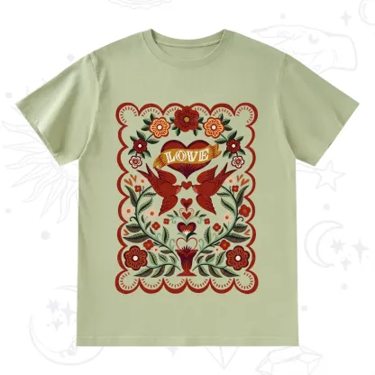 Purplehecate Folk Love Birds Floral T-Shirt