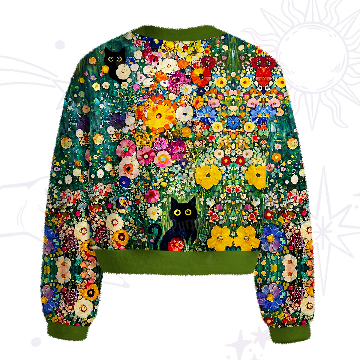 Purplehecate Fluffy Black Cat in Colorful Flower Field Fuzzy Crewneck Sweater