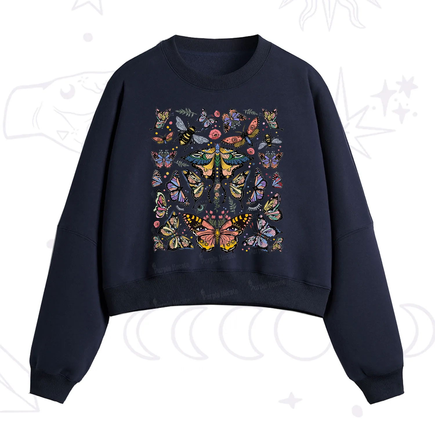 Purplehecate Mystical Butterfly & Moth Fleece Cropped Sweatshirt