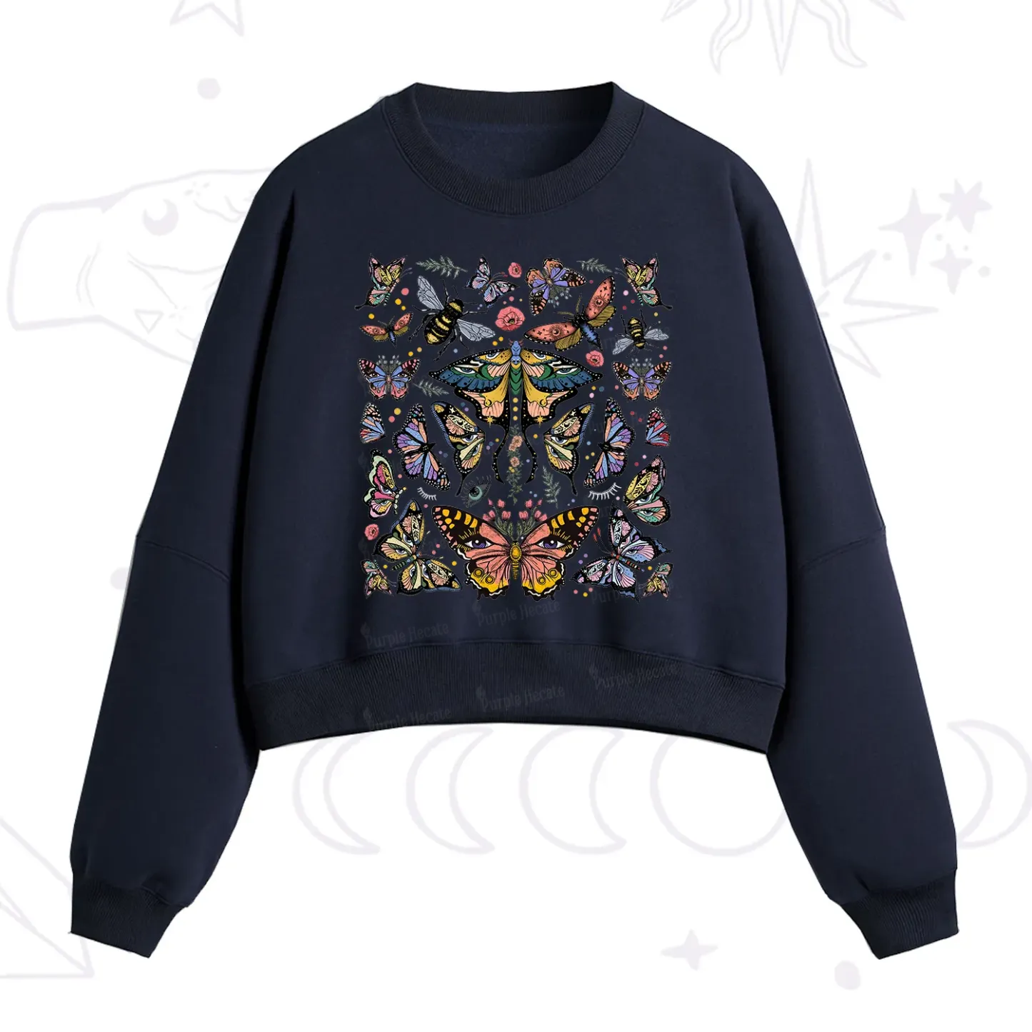 Purplehecate Mystical Butterfly & Moth Fleece Cropped Sweatshirt
