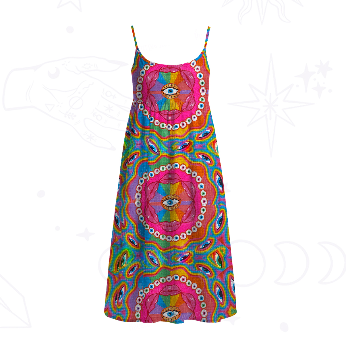 Purplehecate Chromatic Dreamwave Eye Spaghetti Strap Midi Dress