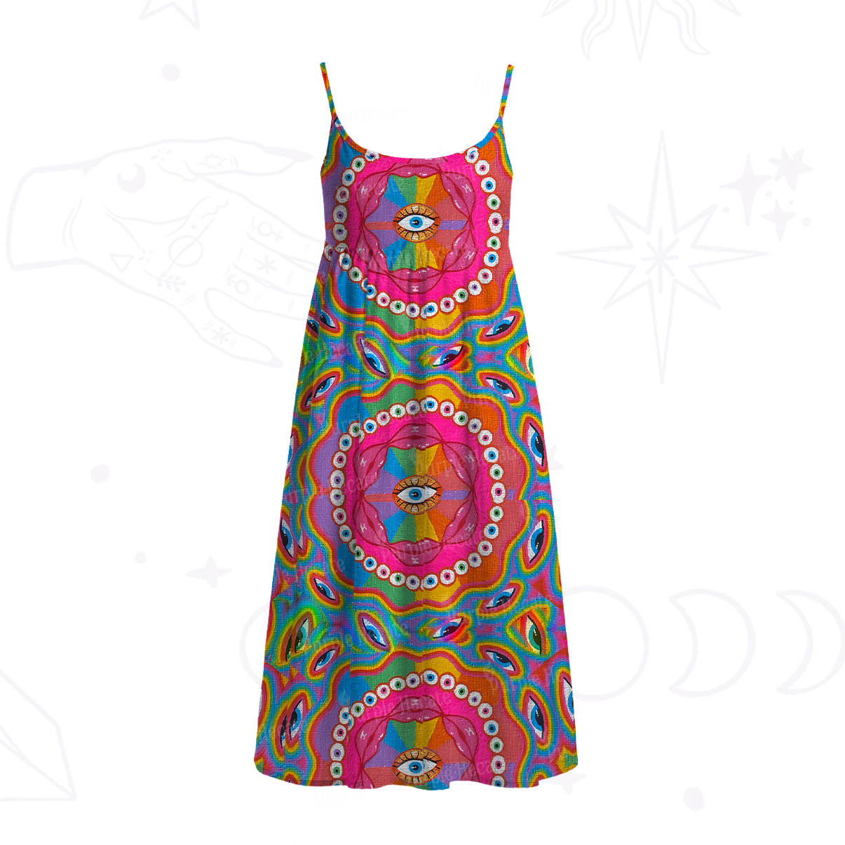 Purplehecate Chromatic Dreamwave Eye Spaghetti Strap Midi Dress