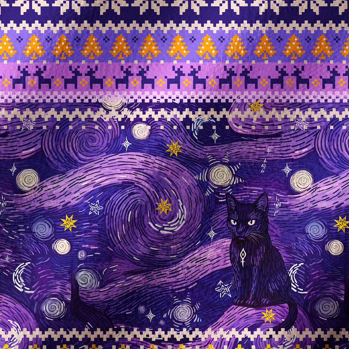 Purplehecate Mystic Cat Beneath the Cosmic Veil Off Shoulder Long Sleeve Knit Top