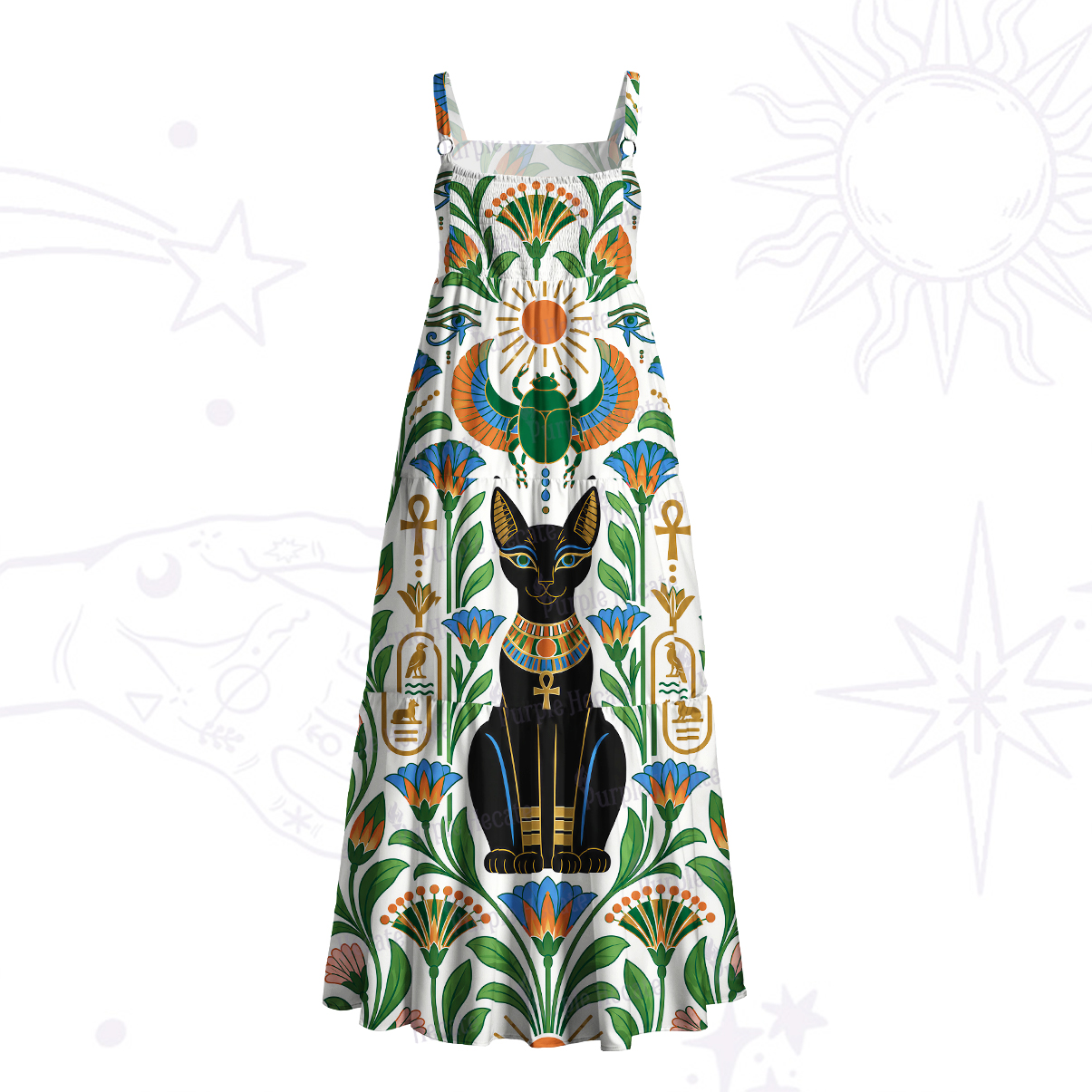 Purplehecate Egyptian Bastet Cat Wide Straps Maxi Dress