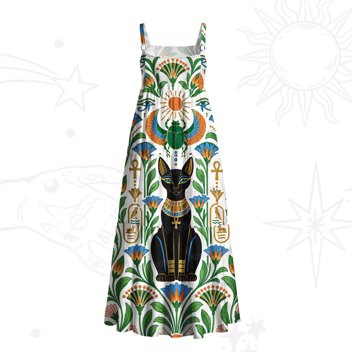 Purplehecate Egyptian Bastet Cat Wide Straps Maxi Dress