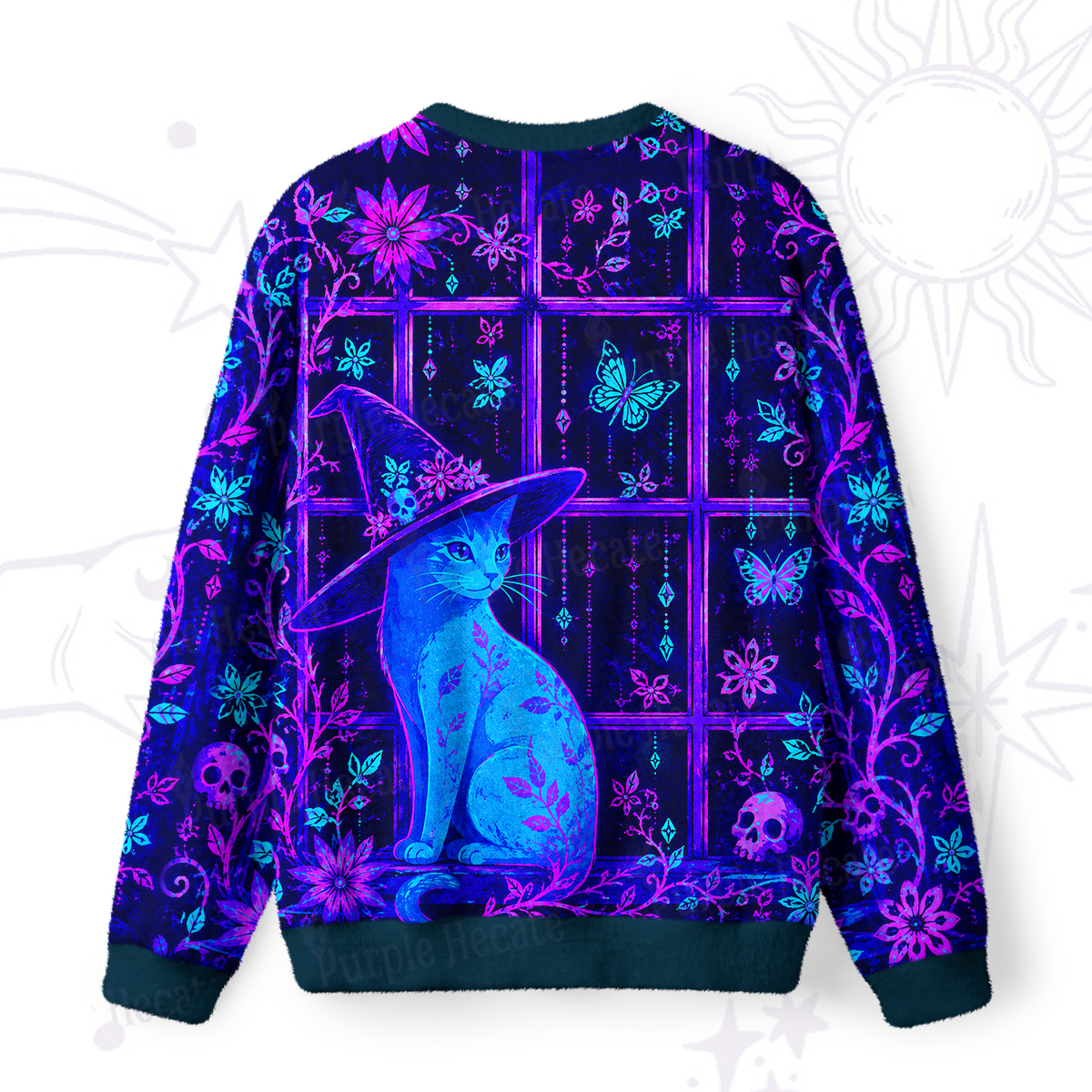 Purplehecate The Enchanted Black Cat by the Glowing Window Fuzzy Ugly Sweatshirt