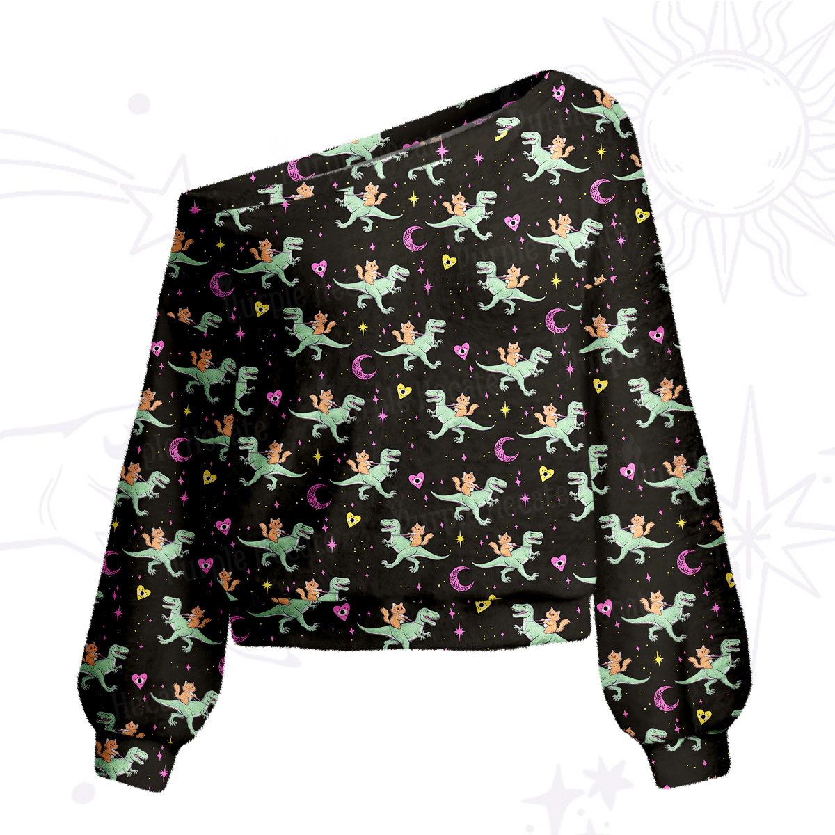 Purplehecate Witch Cat Rides the Dino One Shoulder Sweaters