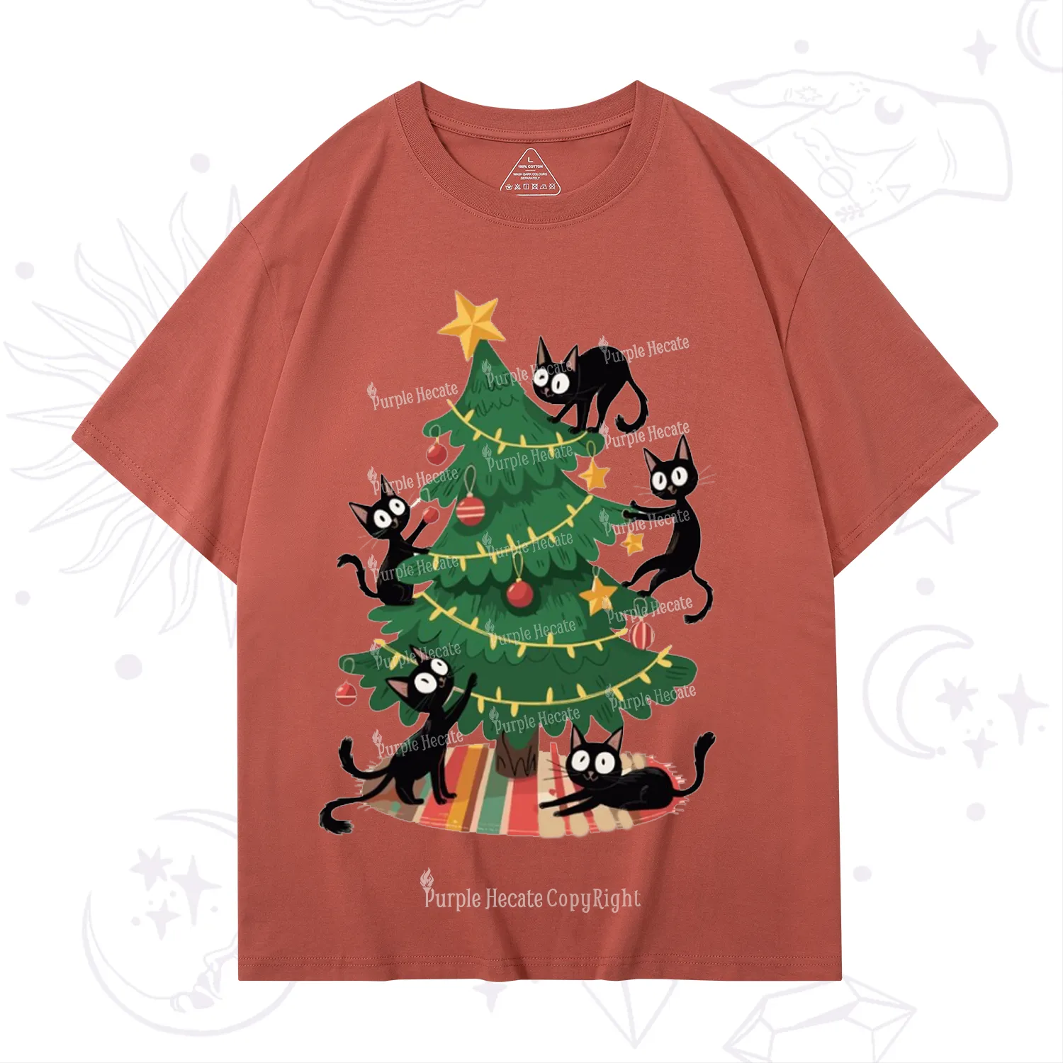 Purplehecate Black Cat in Tree Christmas T-Shirt