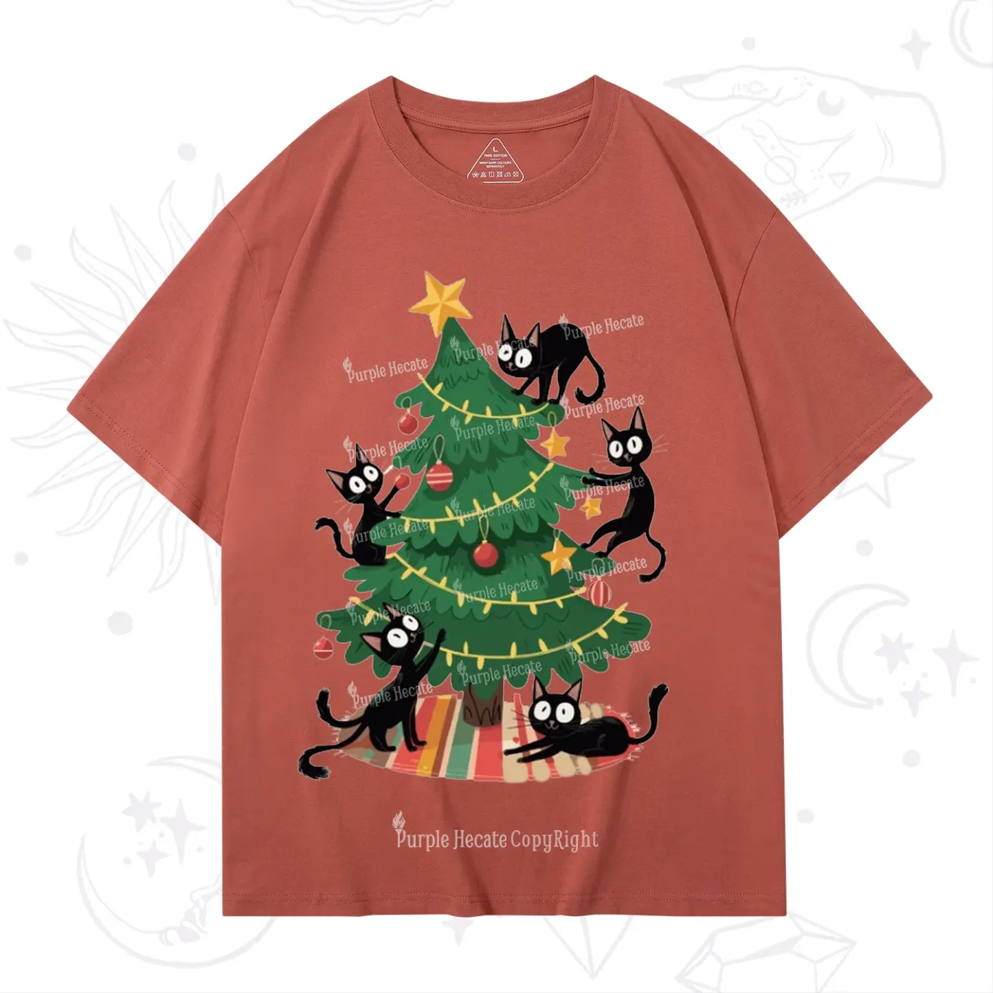 Purplehecate Black Cat in Tree Christmas T-Shirt