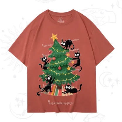 Purplehecate Black Cat in Tree Christmas T-Shirt