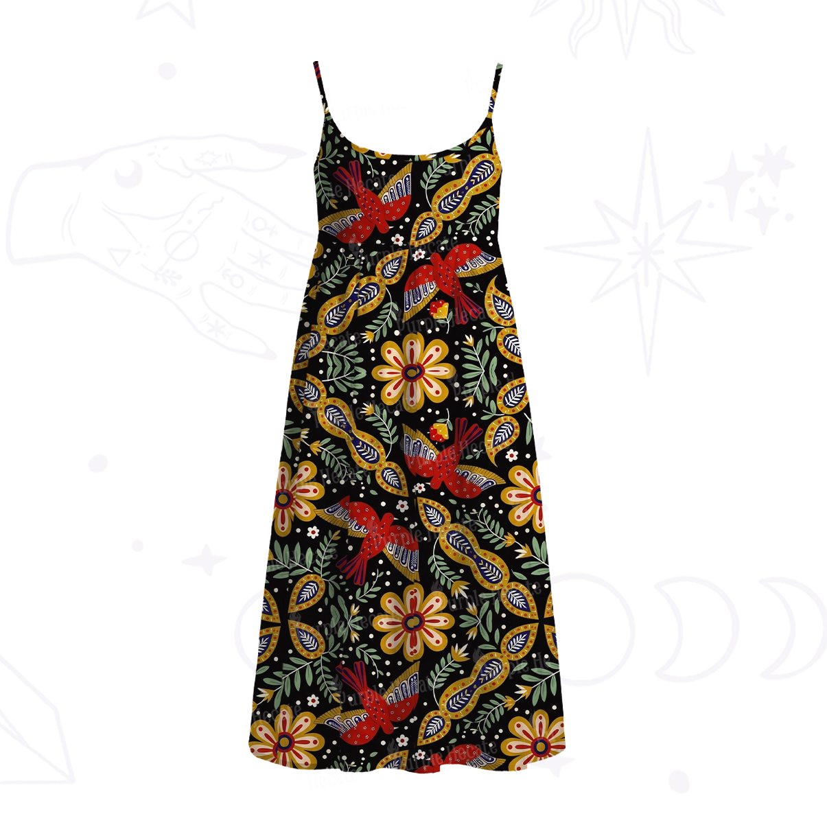 Purplehecate Midnight Tropical Rhapsody Spaghetti Strap Midi Dress