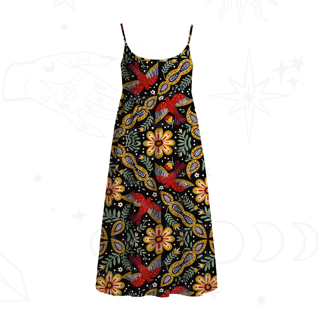 Purplehecate Midnight Tropical Rhapsody Spaghetti Strap Midi Dress