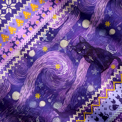 Purplehecate Mystic Cat Beneath the Cosmic Veil Cardigan Sweaters