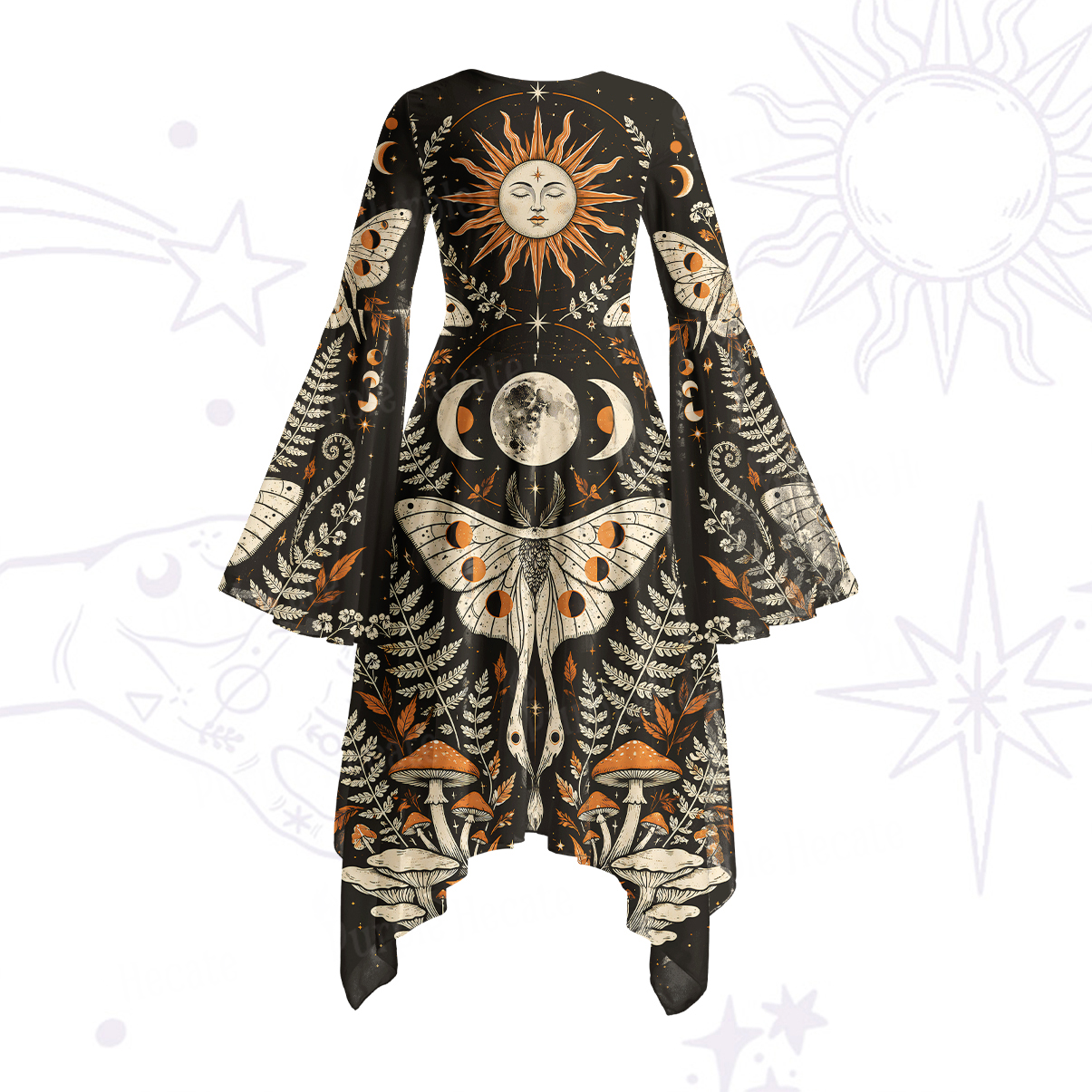 Purplehecate Sun Moon Moth Bell Sleeve Dress