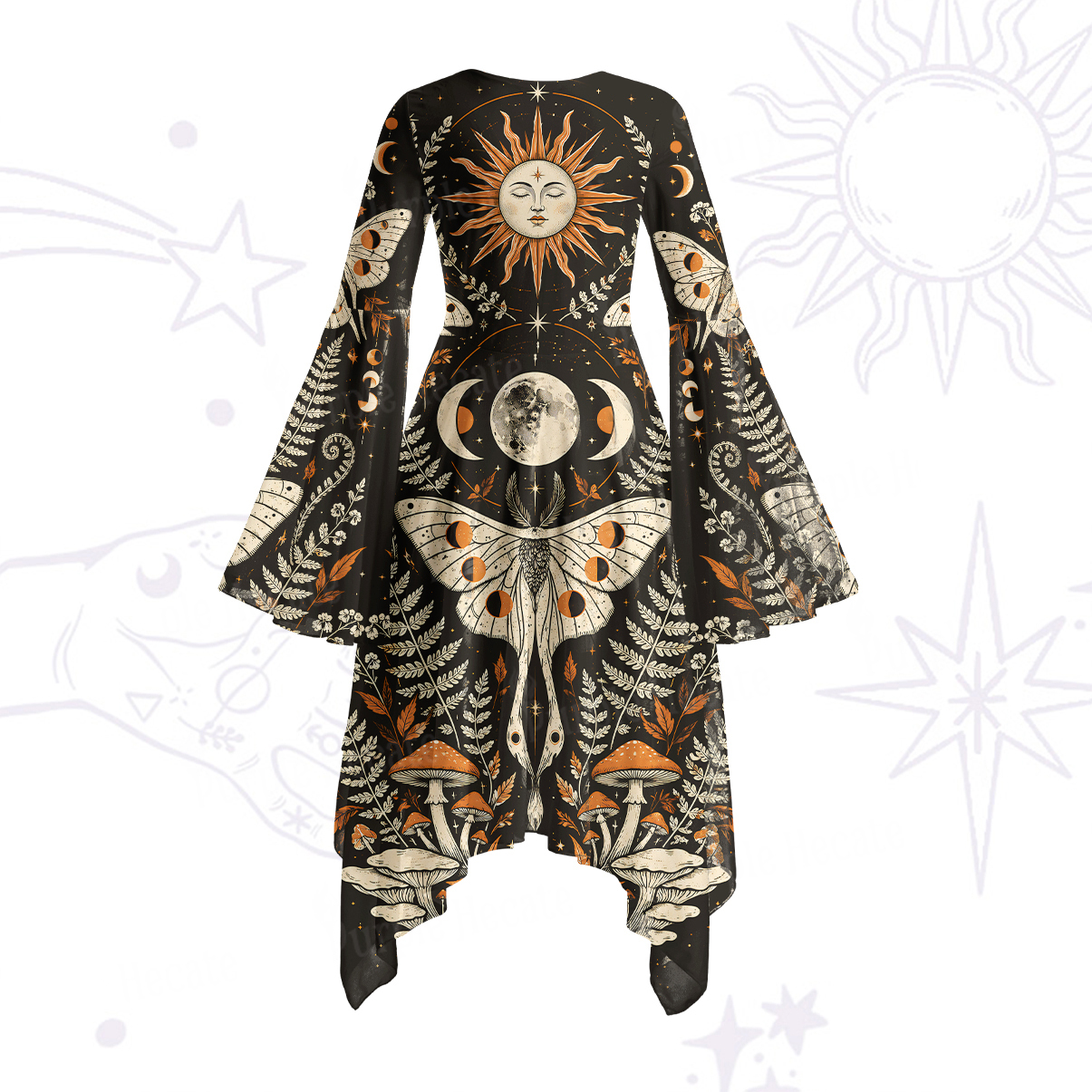 Purplehecate Sun Moon Moth Bell Sleeve Dress