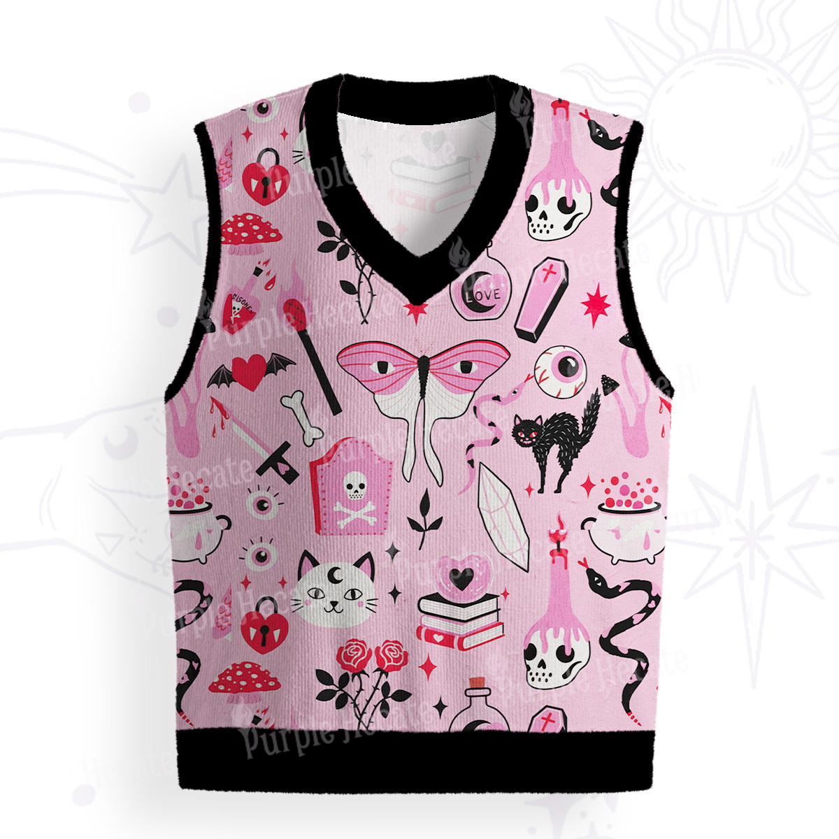 Purplehecate Black Cat Witchy Pink Ugly Sweater Vest