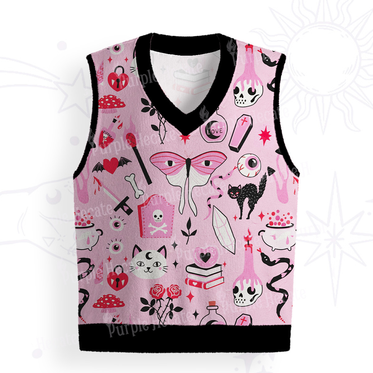 Purplehecate Black Cat Witchy Pink Ugly Sweater Vest