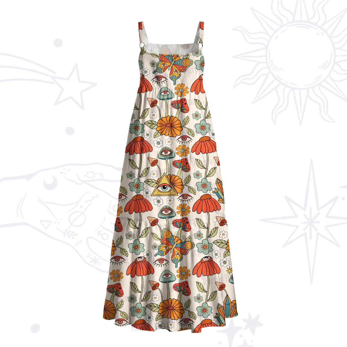 Purplehecate Mystic Evil Eye Floral Mushroom Wide Straps Maxi Dress