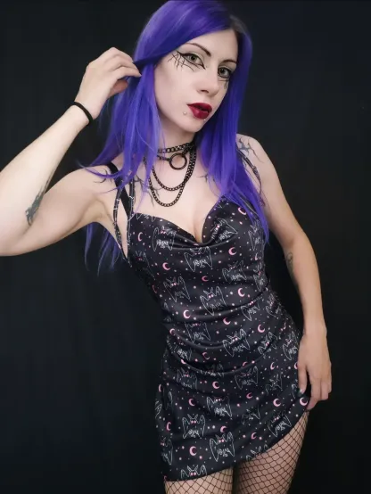Purplehecate Witchy Mothman Night Satin Cross Back Mini Dress