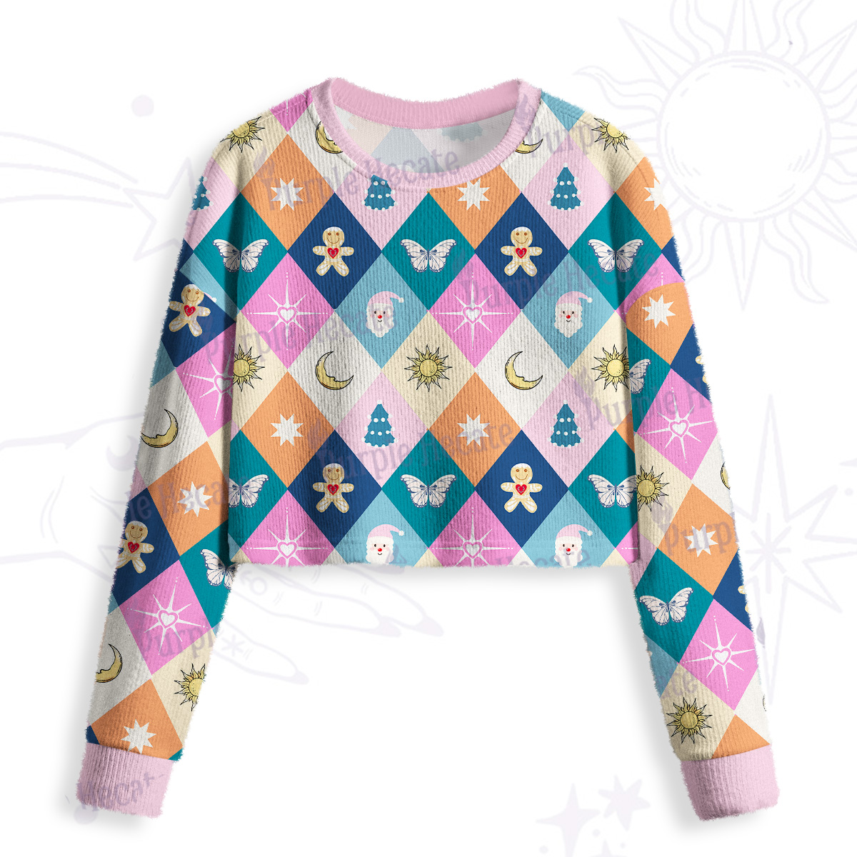 Purplehecate Whimsical Holiday Patchwork Crop Fuzzy Ugly Sweatshirt