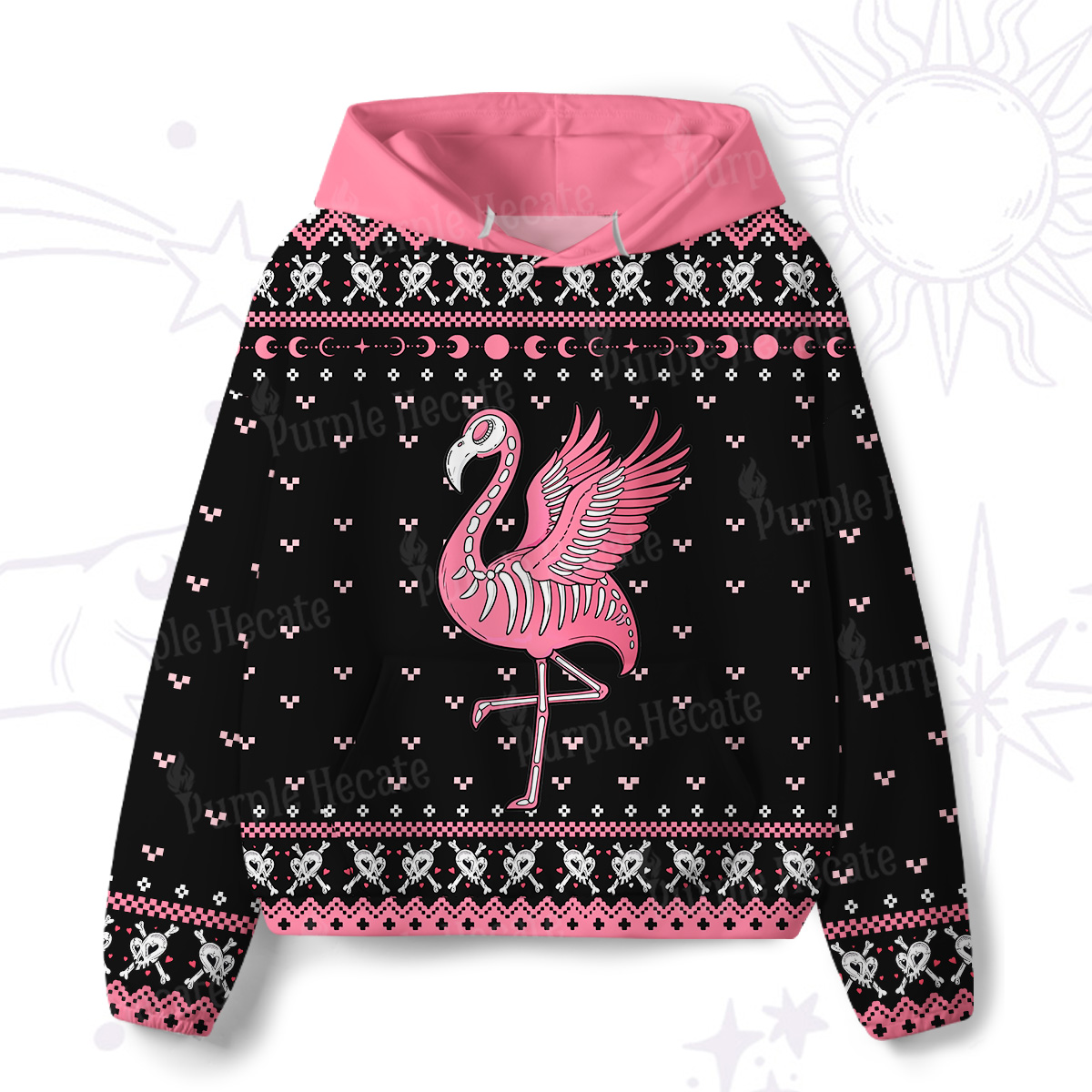 Purplehecate Witchy Pink Flamingo Skull All-Over Print Hoodie