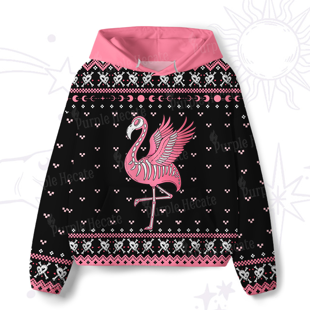 Purplehecate Witchy Pink Flamingo Skull All-Over Print Hoodie