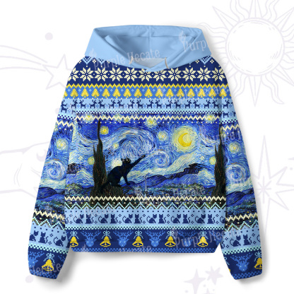 Purplehecate Witch Cat Under the Starry Night All-Over Print Hoodie