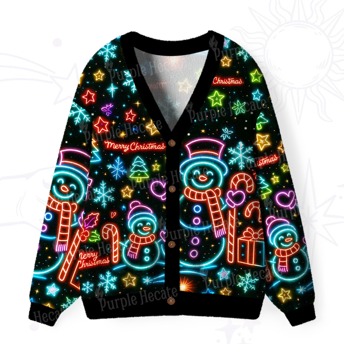 Purplehecate Neon Snowman Christmas Ugly Cardigan Sweaters