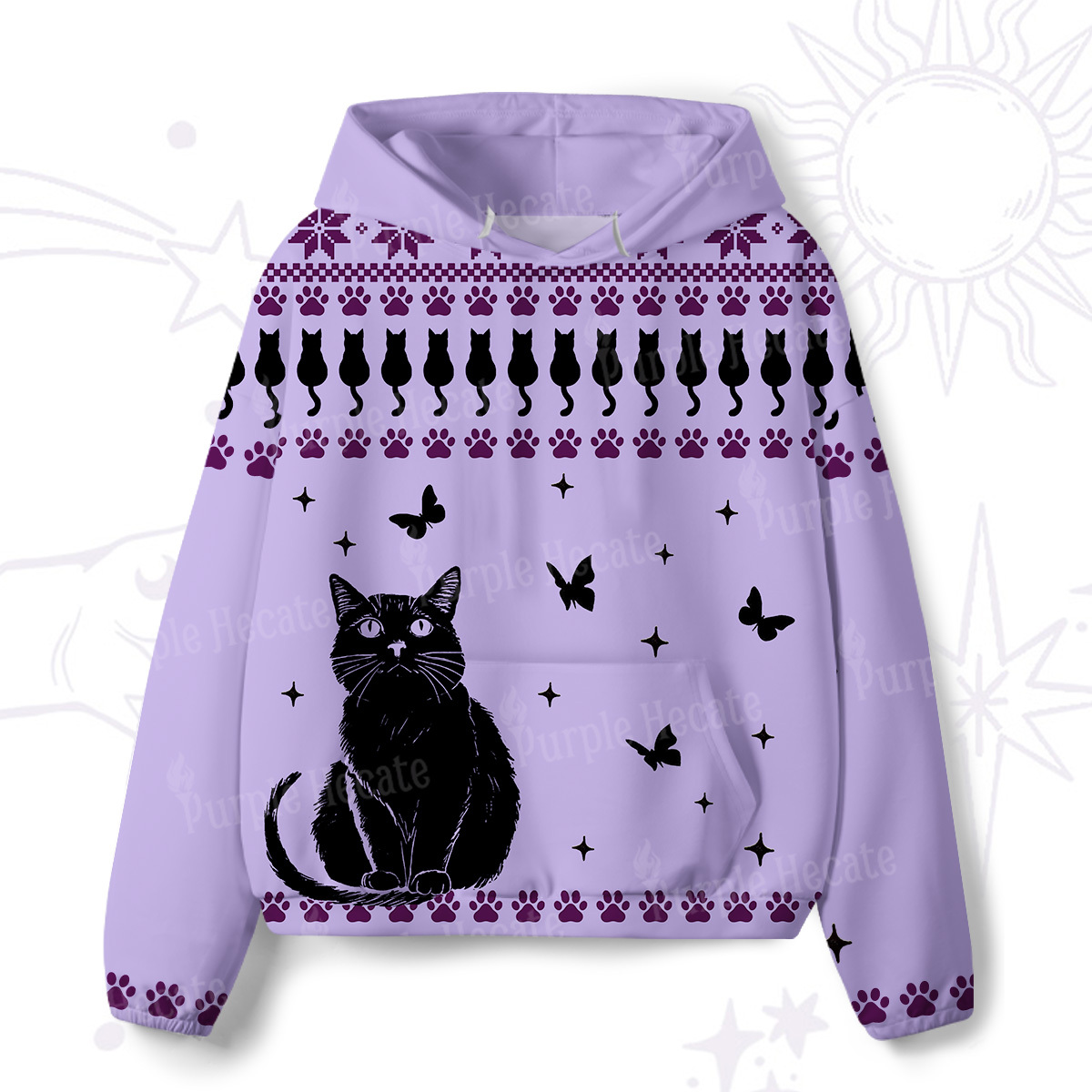 Purplehecate Midnight Pawprints Black Cat All-Over Print Hoodie