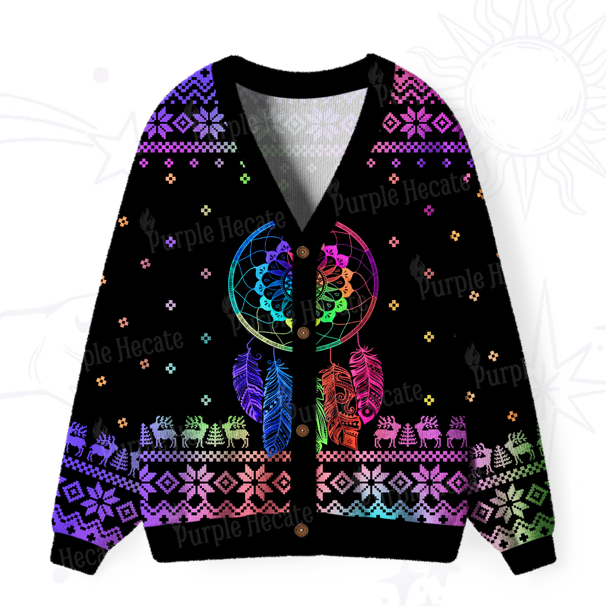 Purplehecate Rainbow Dreamcatcher Ugly Cardigan Sweaters