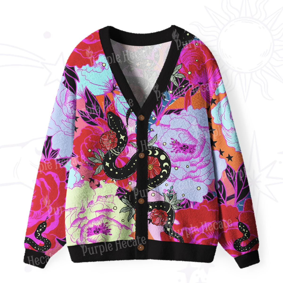 Purplehecate Enchanted Black Serpent & Floral Pattern Ugly Cardigan Sweaters
