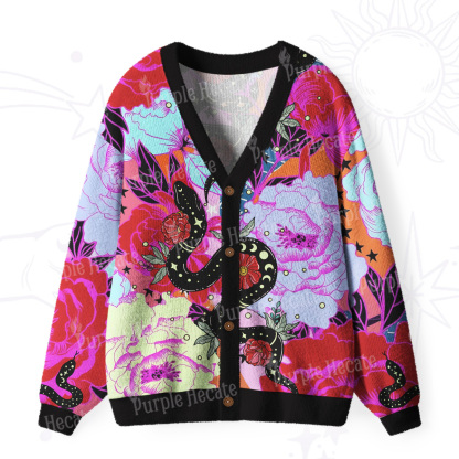 Purplehecate Enchanted Black Serpent & Floral Pattern Ugly Cardigan Sweaters