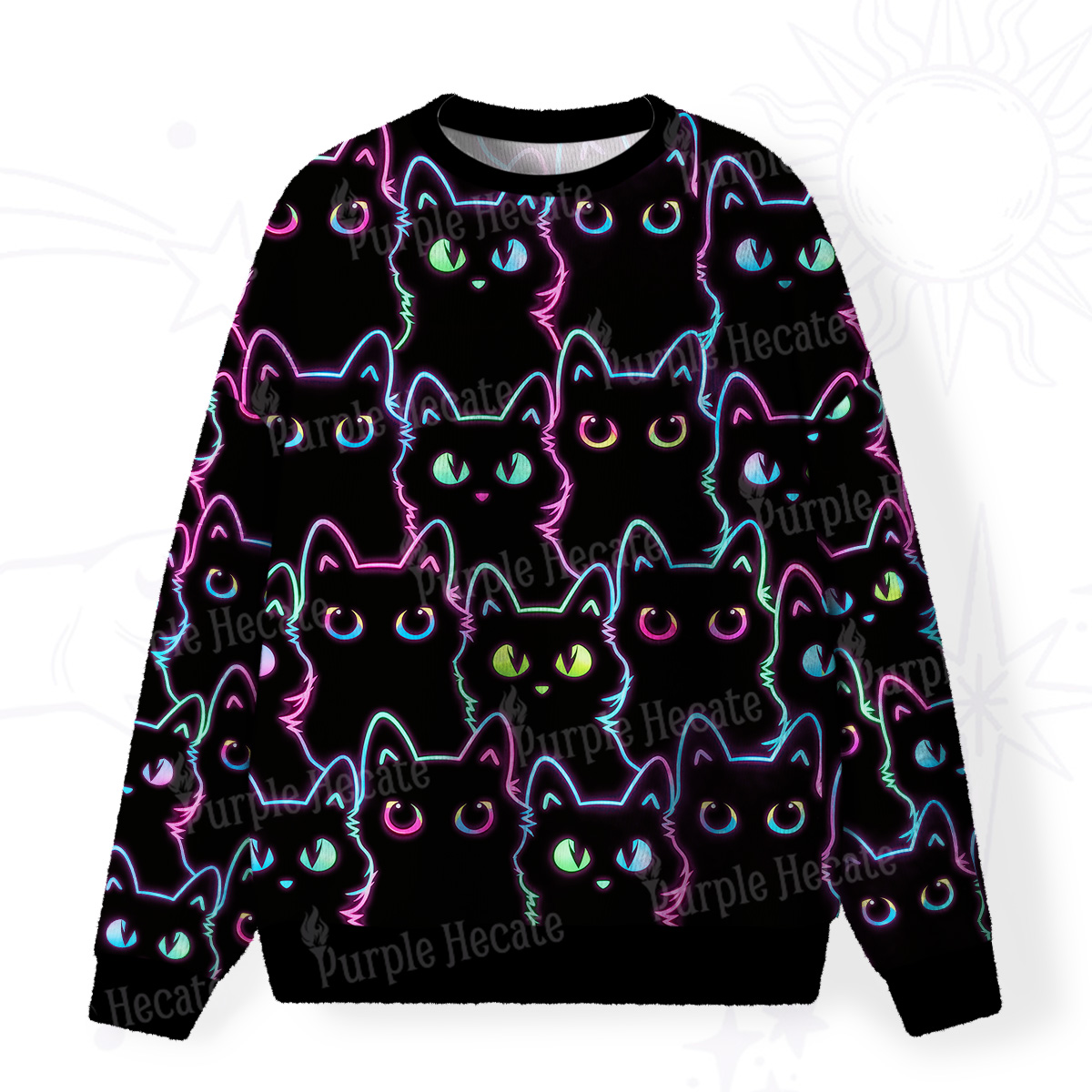 Purplehecate Neon Glow Stacked Cats Fuzzy Ugly Christmas Sweatshirt
