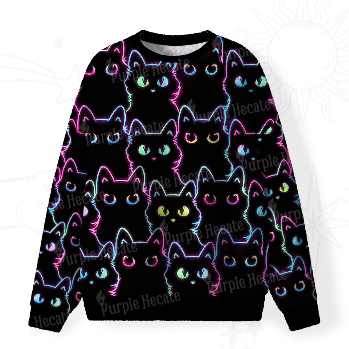Purplehecate Neon Glow Stacked Cats Fuzzy Ugly Christmas Sweatshirt