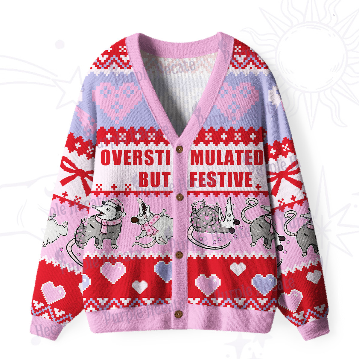 Purplehecate Overstimulated But Festive Possum Valentine Ugly Cardigan Sweaters