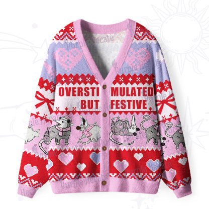 Purplehecate Overstimulated But Festive Possum Valentine Ugly Cardigan Sweaters