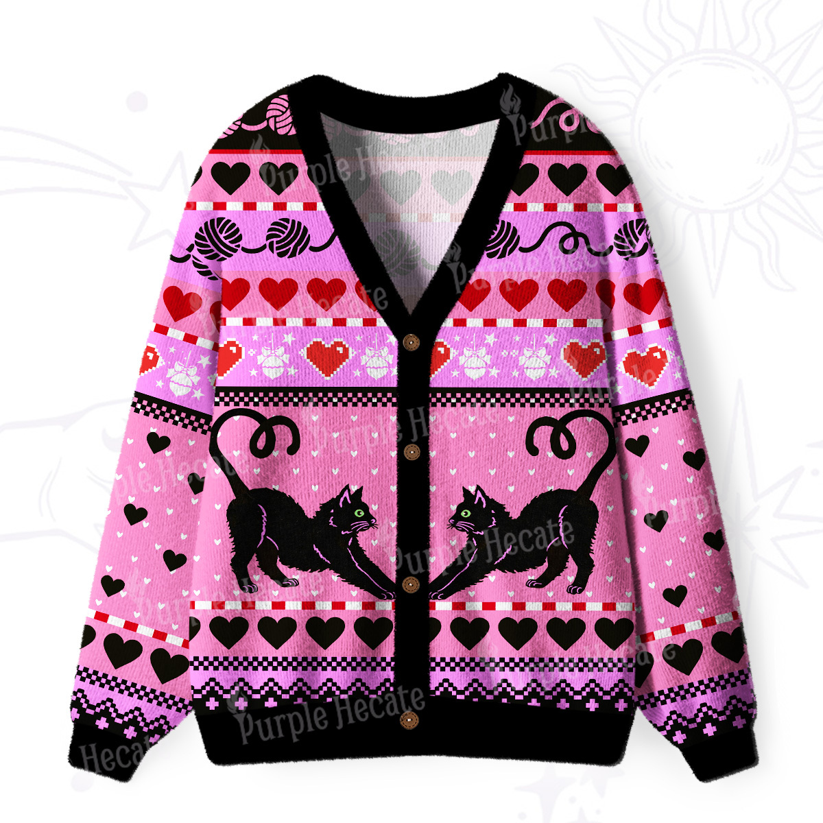 Purplehecate Whimsical Cat and Yarn Ugly Cardigan Sweaters