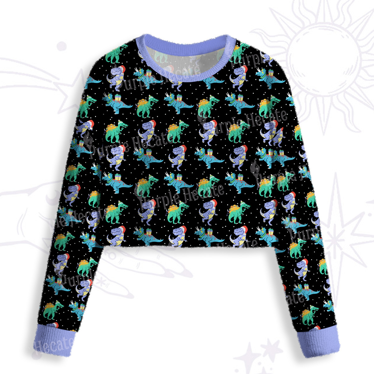 Purplehecate Funny Christmas Dinosaurs Crop Fuzzy Ugly Sweatshirt