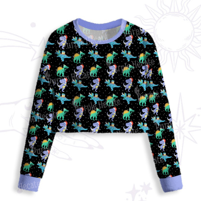 Purplehecate Funny Christmas Dinosaurs Crop Fuzzy Ugly Sweatshirt