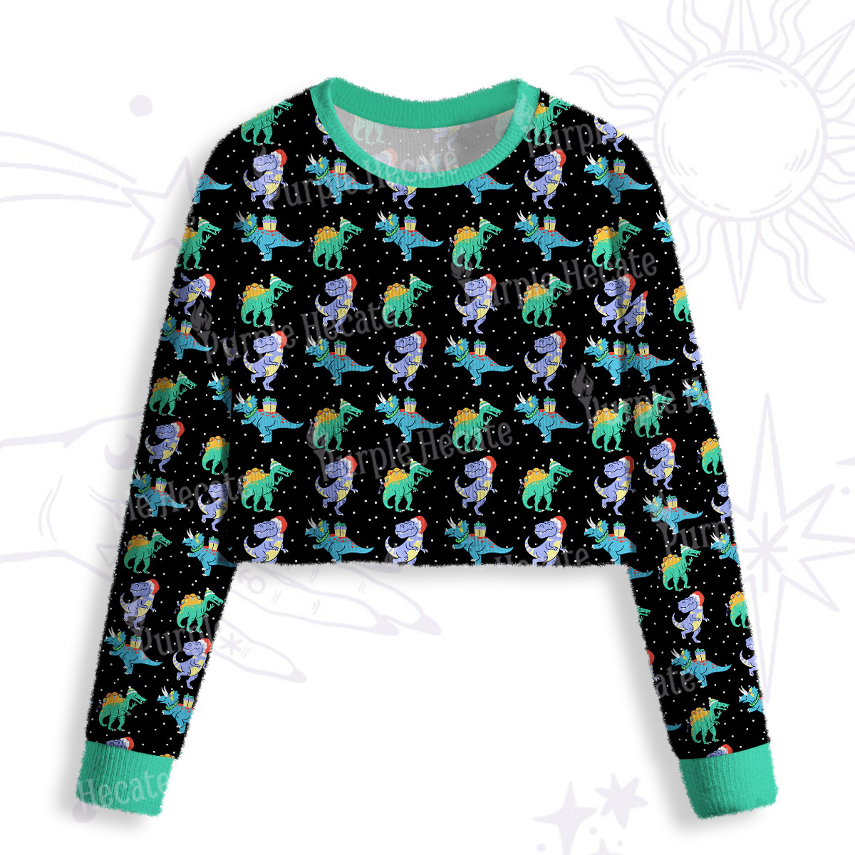 Purplehecate Funny Christmas Dinosaurs Crop Fuzzy Ugly Sweatshirt