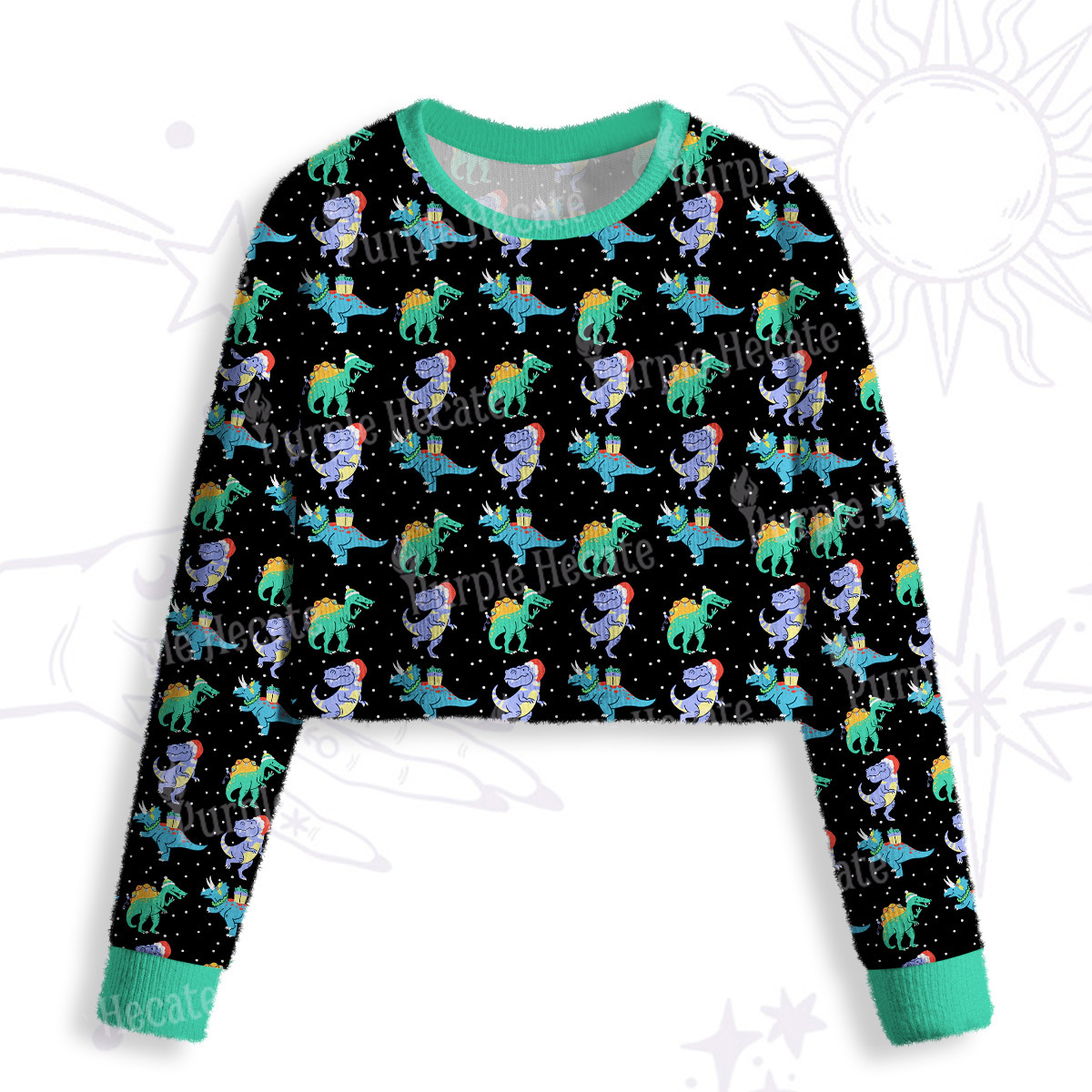 Purplehecate Funny Christmas Dinosaurs Crop Fuzzy Ugly Sweatshirt
